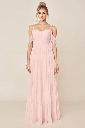 Blush Pink A Line Cold Shoulder Tulle Long Bridesmaid Dress